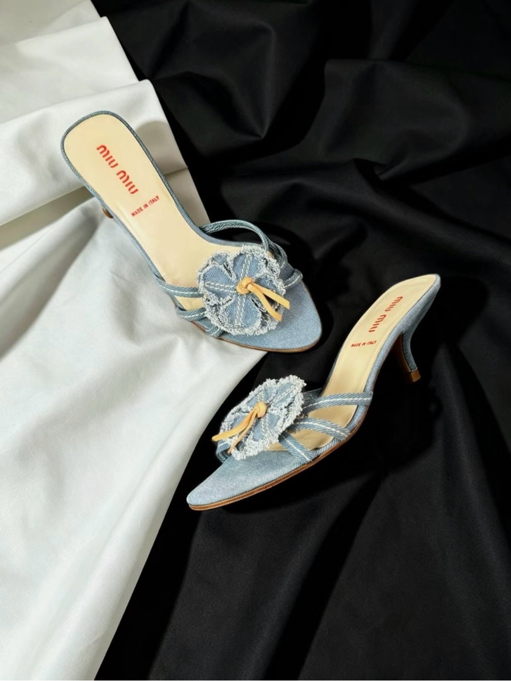 Miu Miu Light Blue Denim Floral Knot Slide Mules - Picture 4 of 6